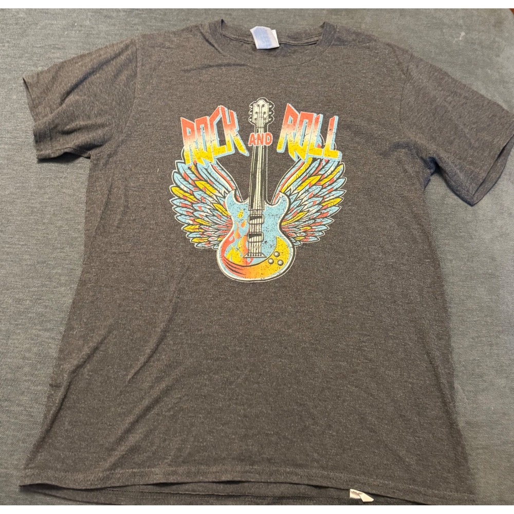 Port & Company Kids Rock and Roll Winged Guitar Graphic T-Shirt Gray Large 14-16
